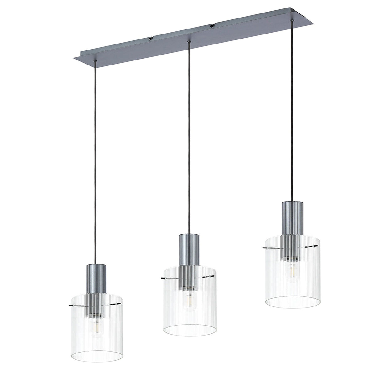 Belstone Fine Ribbed Triple Drop Linear Pendant in Dark Grey with Clear Glass