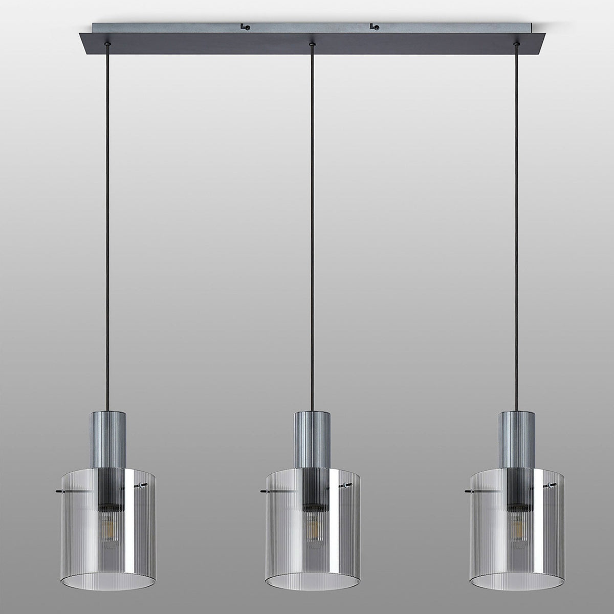 Belstone Fine Ribbed Triple Drop Linear Pendant in Dark Grey with Smoke Glass