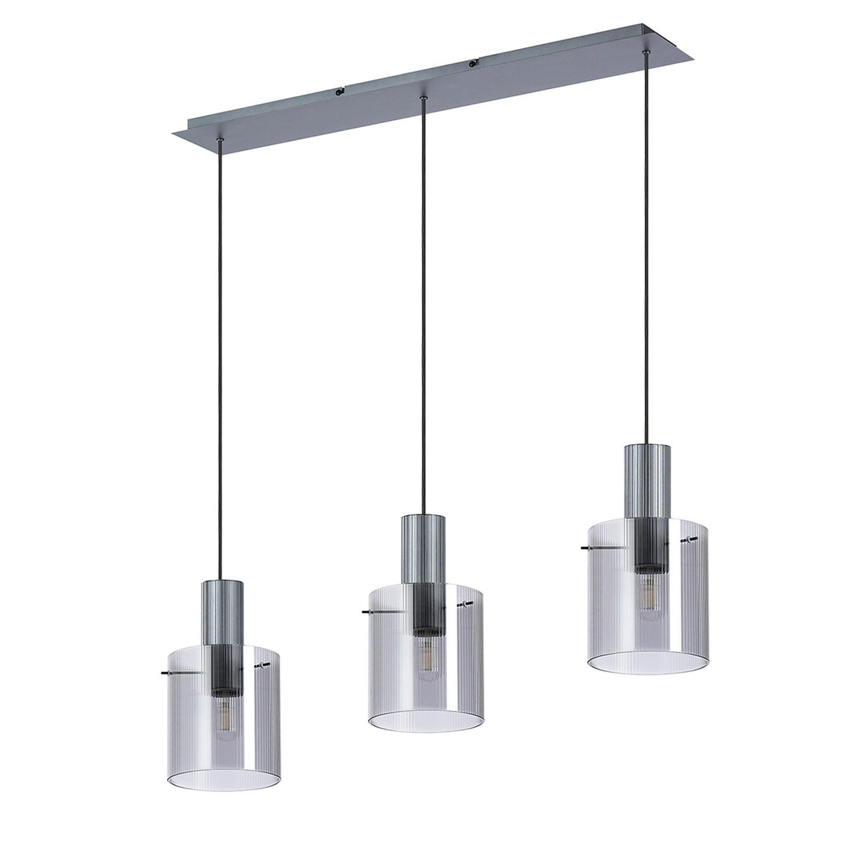 Belstone Fine Ribbed Triple Drop Linear Pendant in Dark Grey with Smoke Glass