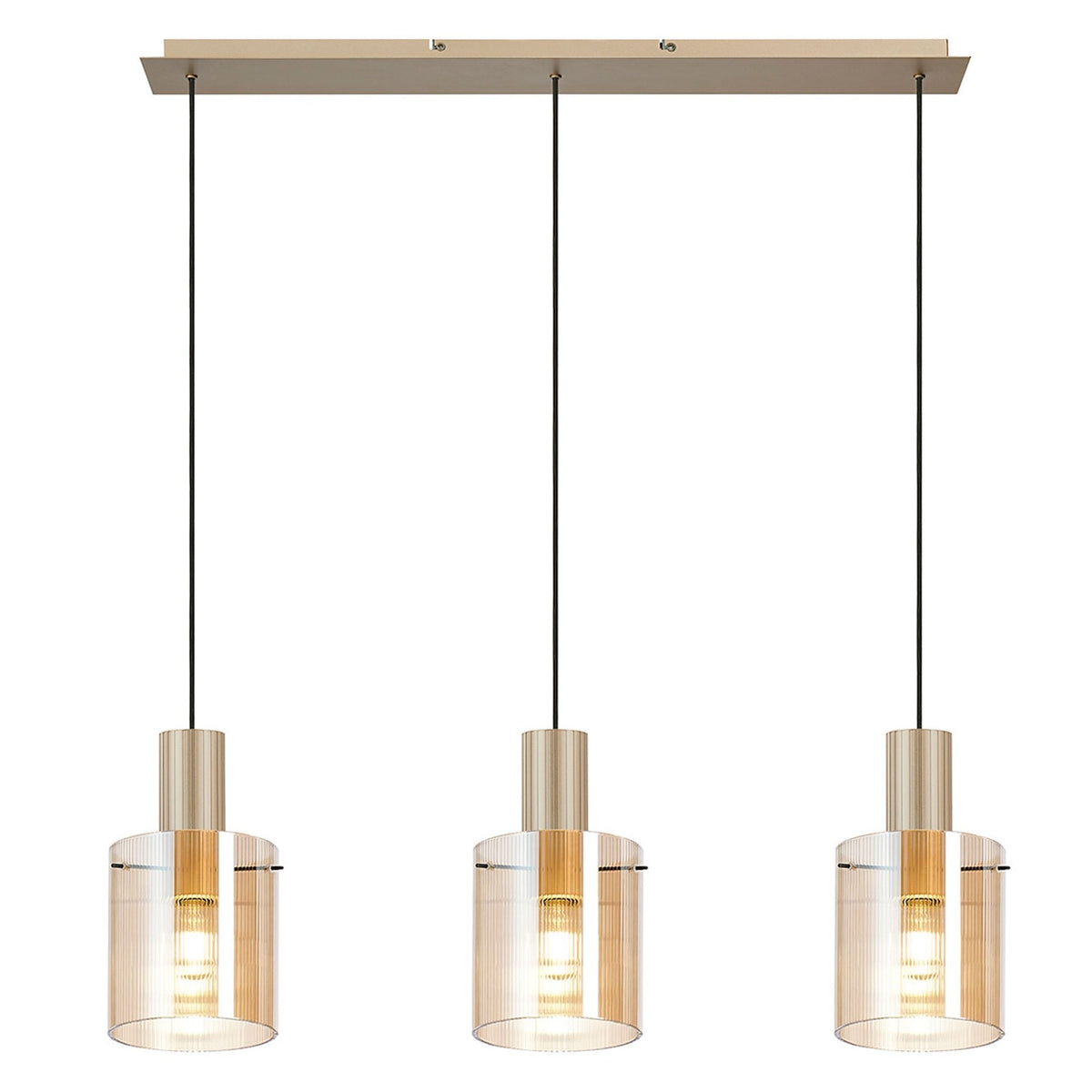 Three pendant lights with amber glass shades and gold-coloured fixtures, subtly illuminated.