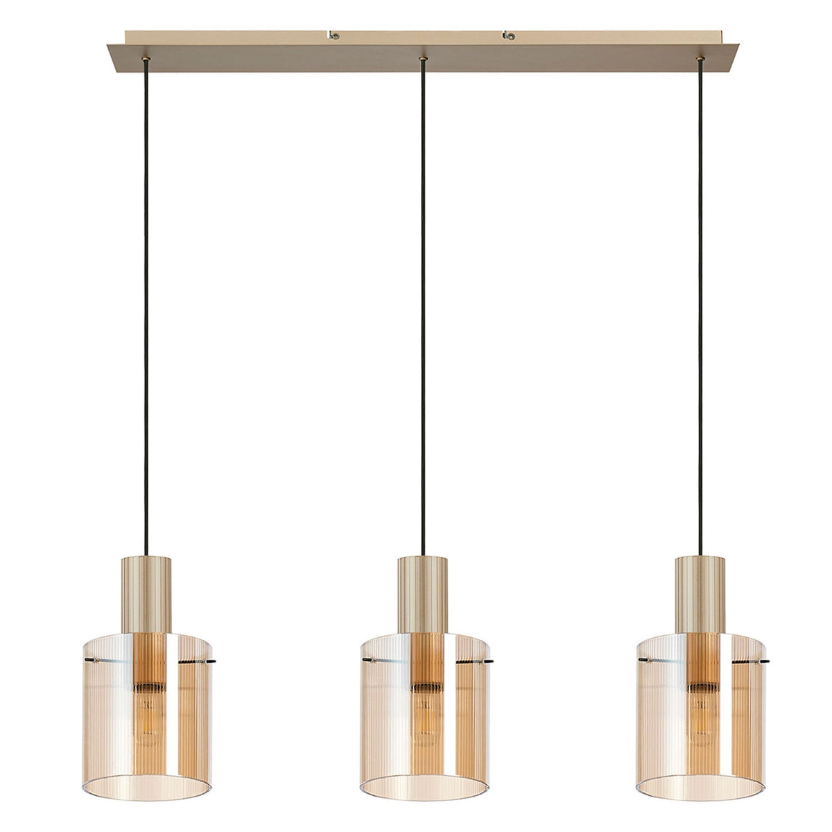 Modern ceiling light with three amber-tinted glass pendants, casting a warm glow.