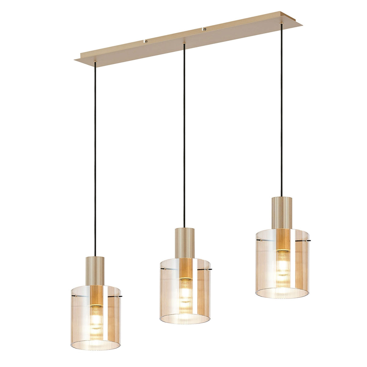 Stylish triple pendant light showcasing clear amber glass shades and metallic gold fittings.
