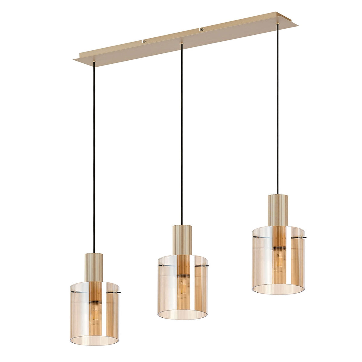 Three elegant pendant lamps with a transparent amber finish and gold-coloured hardware.