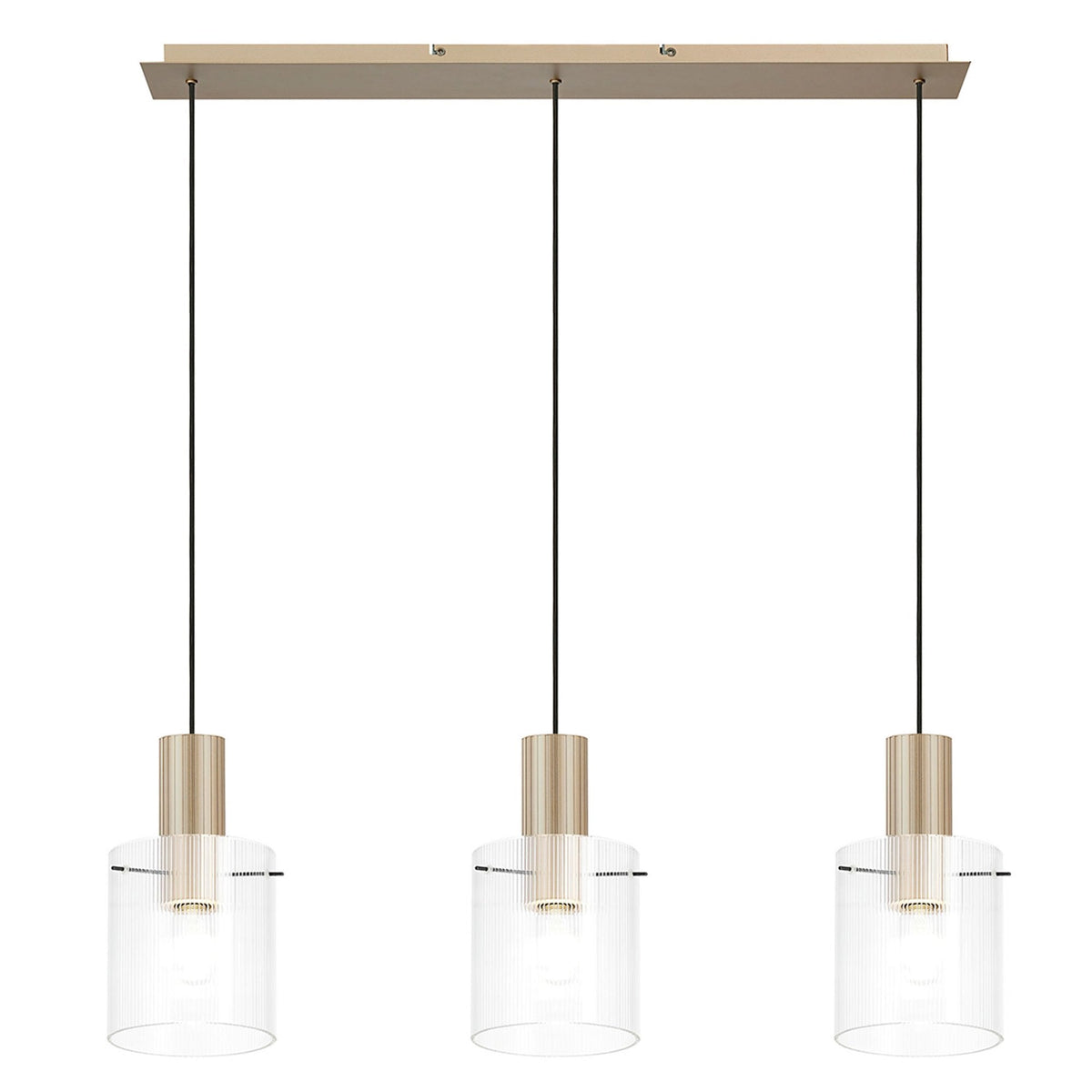 Belstone Fine Ribbed Triple Drop Linear Pendant in Light Gold with Clear Glass