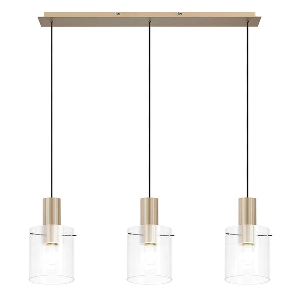 Belstone Fine Ribbed Triple Drop Linear Pendant in Light Gold with Clear Glass