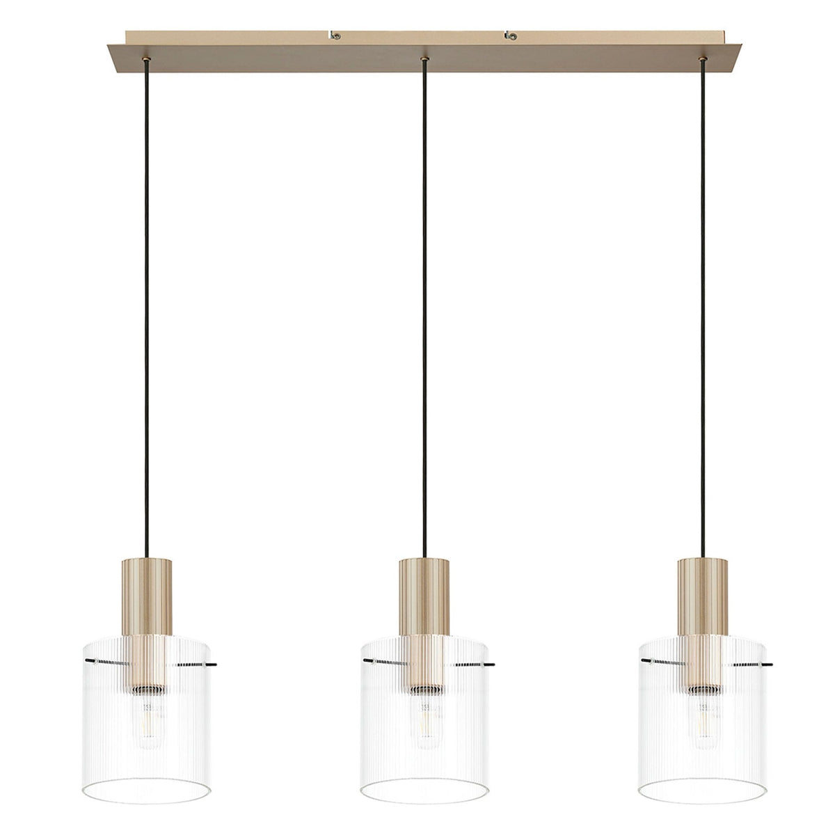 Belstone Fine Ribbed Triple Drop Linear Pendant in Light Gold with Clear Glass