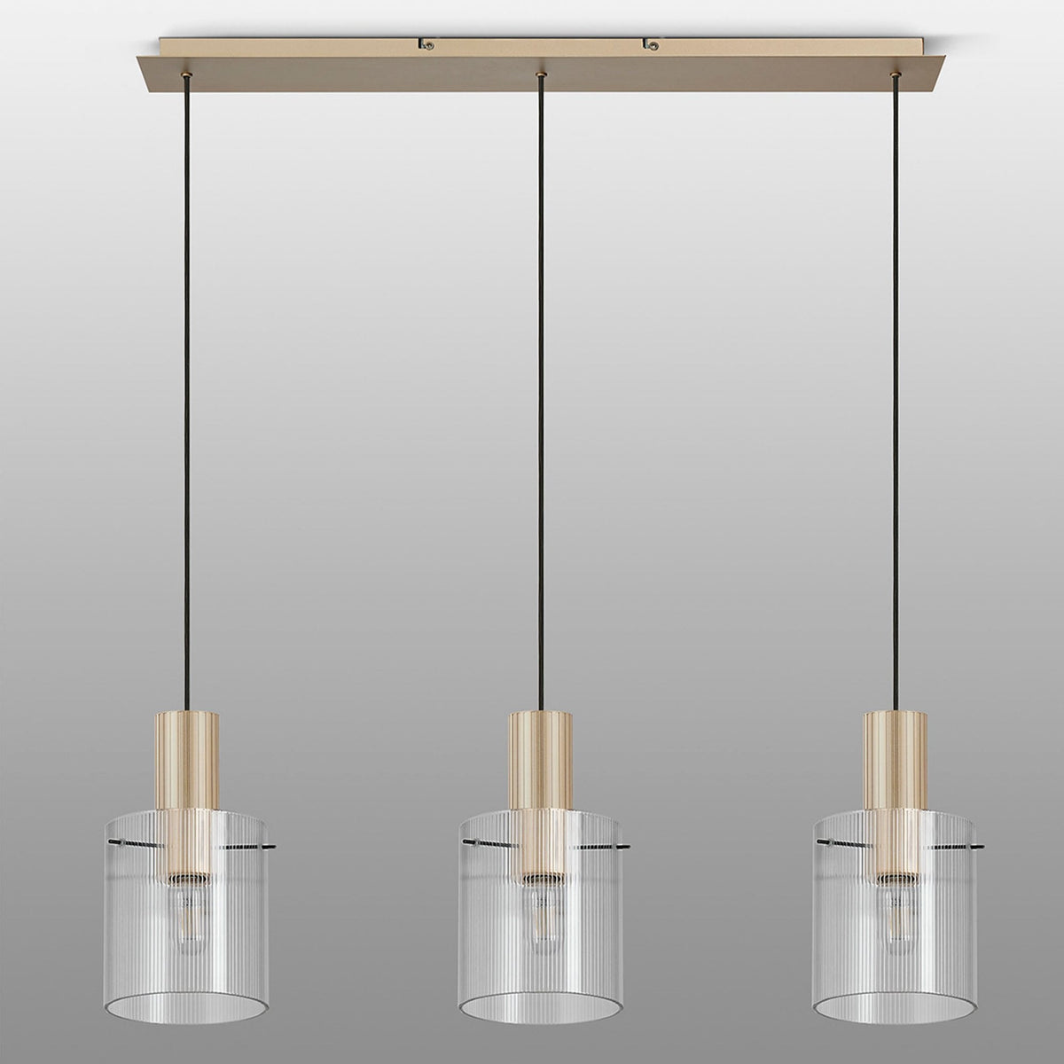 Belstone Fine Ribbed Triple Drop Linear Pendant in Light Gold with Clear Glass