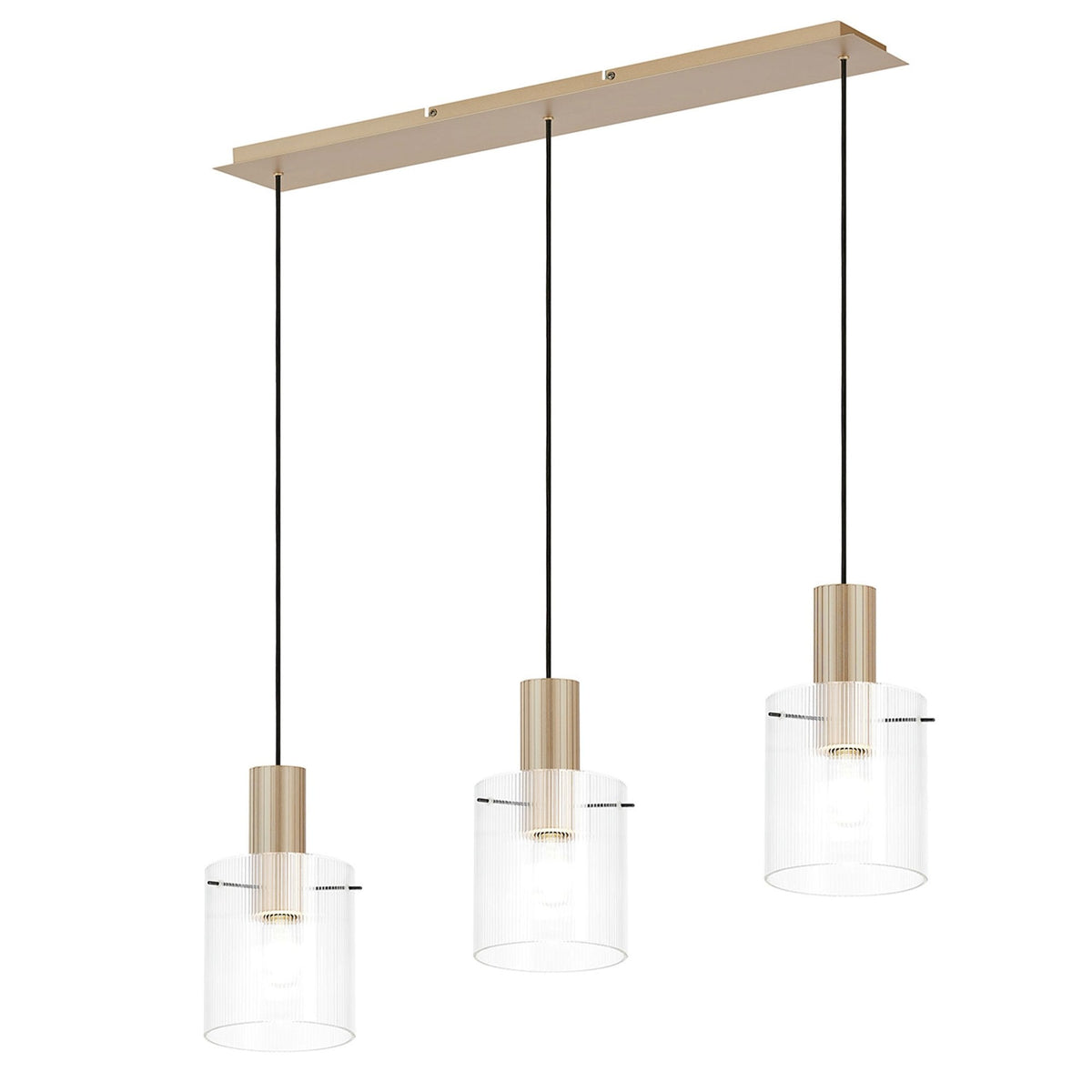Belstone Fine Ribbed Triple Drop Linear Pendant in Light Gold with Clear Glass