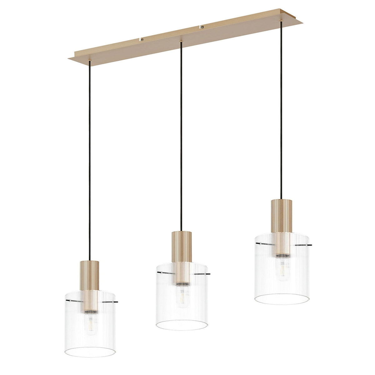 Belstone Fine Ribbed Triple Drop Linear Pendant in Light Gold with Clear Glass