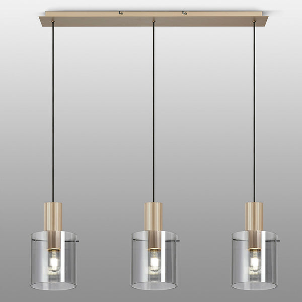 Belstone Fine Ribbed Triple Drop Linear Pendant in Light Gold with Smoke Glass
