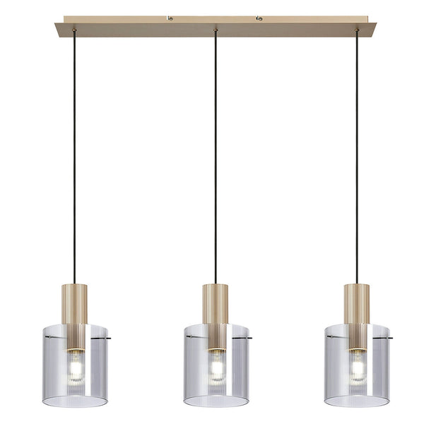 Belstone Fine Ribbed Triple Drop Linear Pendant in Light Gold with Smoke Glass