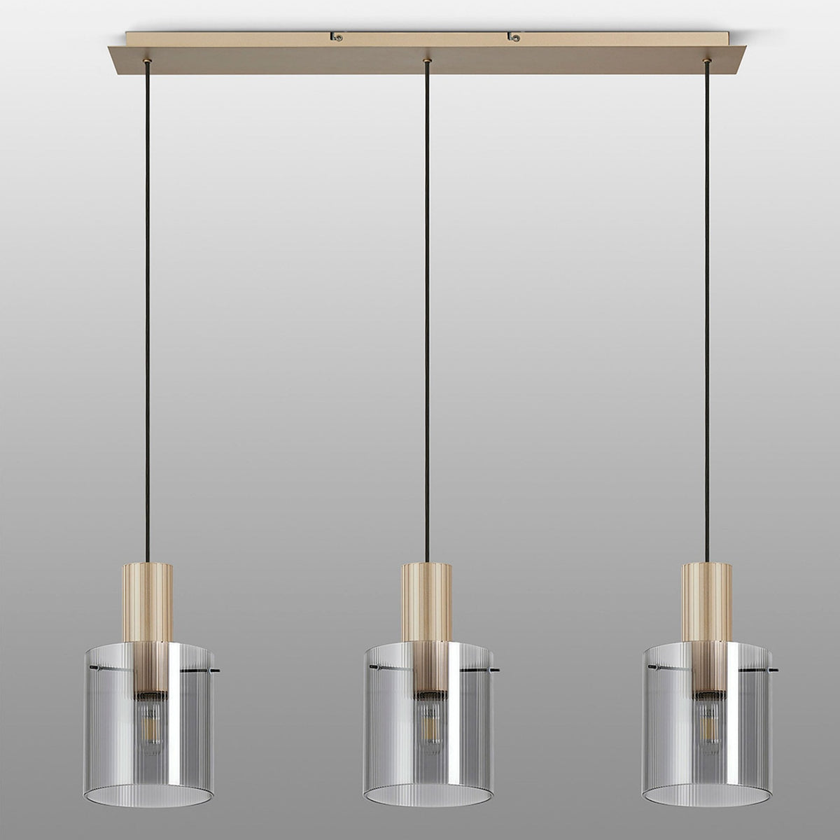Belstone Fine Ribbed Triple Drop Linear Pendant in Light Gold with Smoke Glass