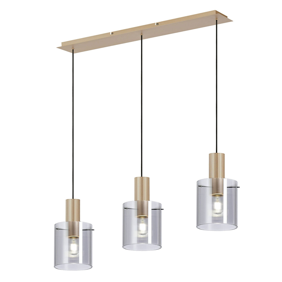 Belstone Fine Ribbed Triple Drop Linear Pendant in Light Gold with Smoke Glass
