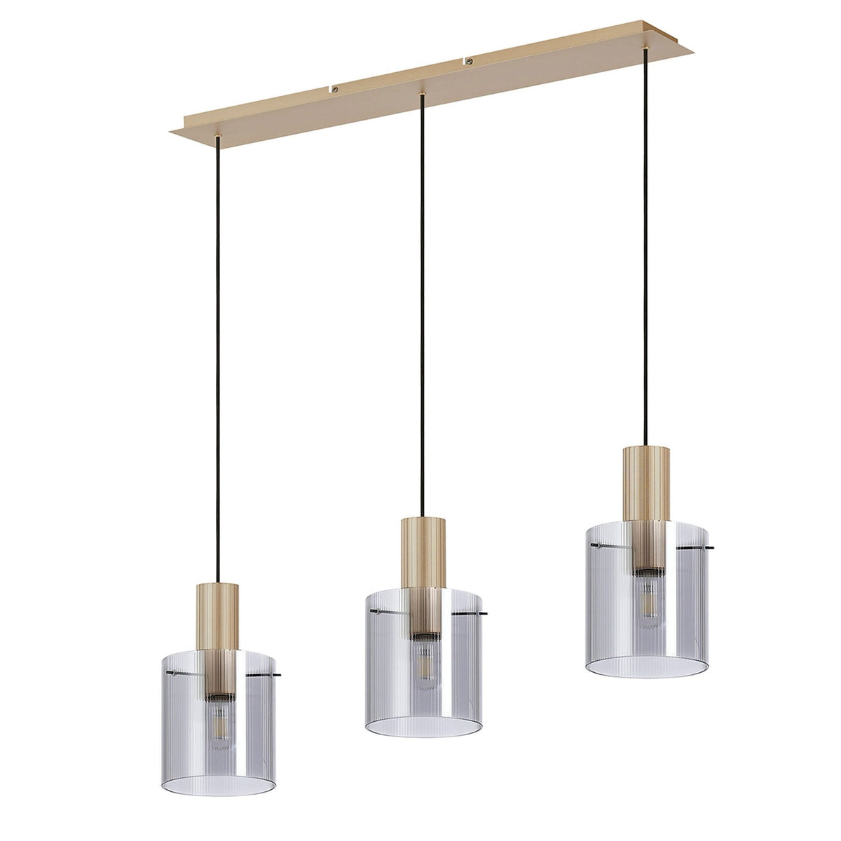 Belstone Fine Ribbed Triple Drop Linear Pendant in Light Gold with Smoke Glass