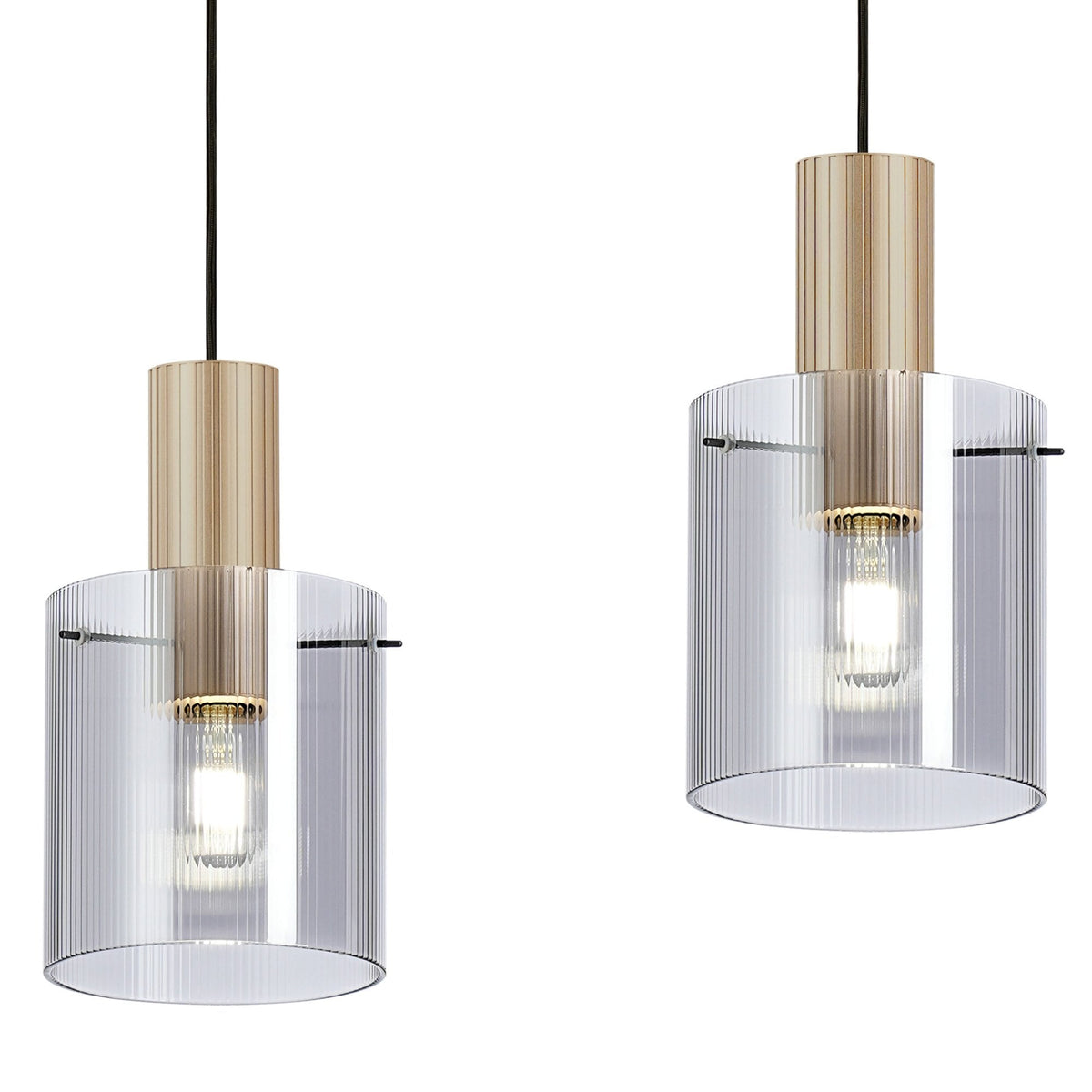 Belstone Fine Ribbed Triple Drop Linear Pendant in Light Gold with Smoke Glass