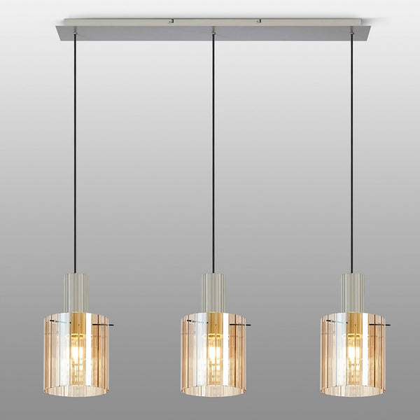 Belstone Wide Ribbed Triple Drop Linear Pendant in Beige Stone with Amber Glass