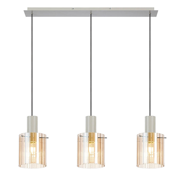 Belstone Wide Ribbed Triple Drop Linear Pendant in Beige Stone with Amber Glass