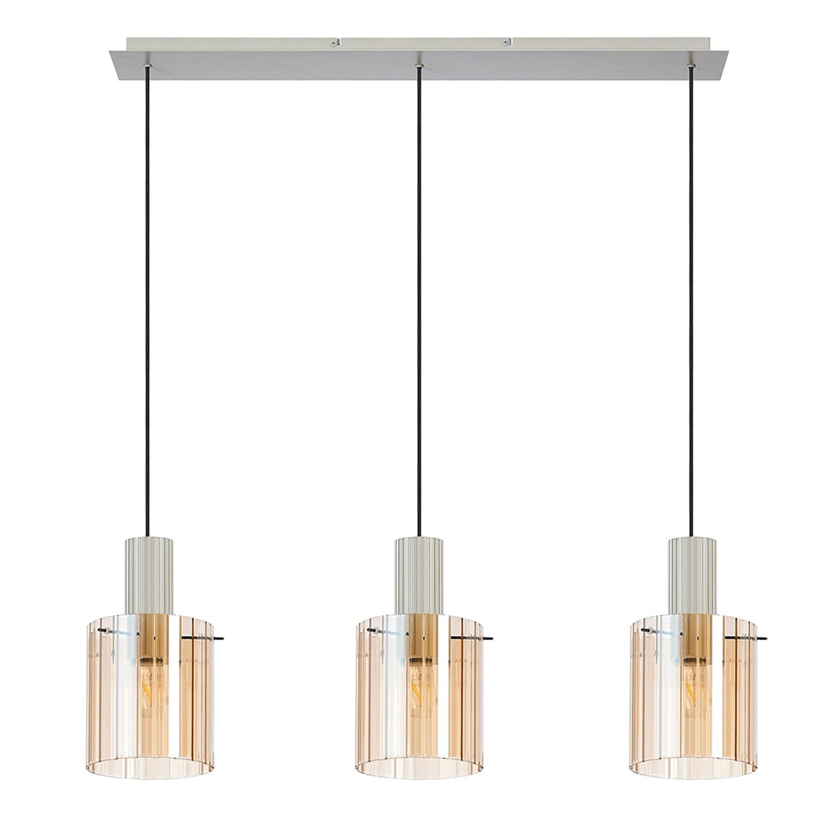 Belstone Wide Ribbed Triple Drop Linear Pendant in Beige Stone with Amber Glass