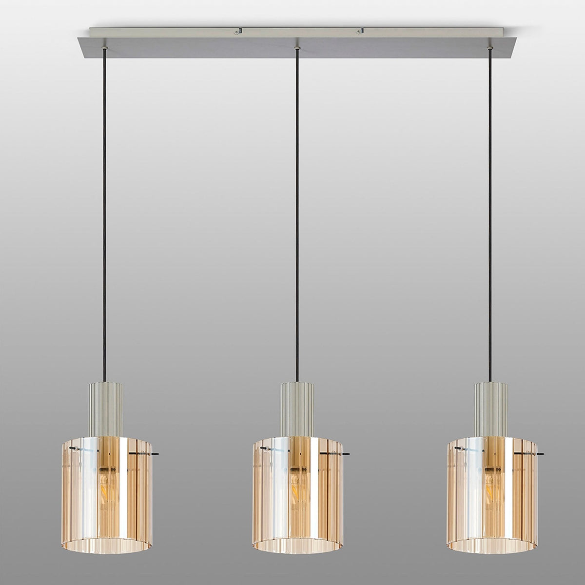 Belstone Wide Ribbed Triple Drop Linear Pendant in Beige Stone with Amber Glass