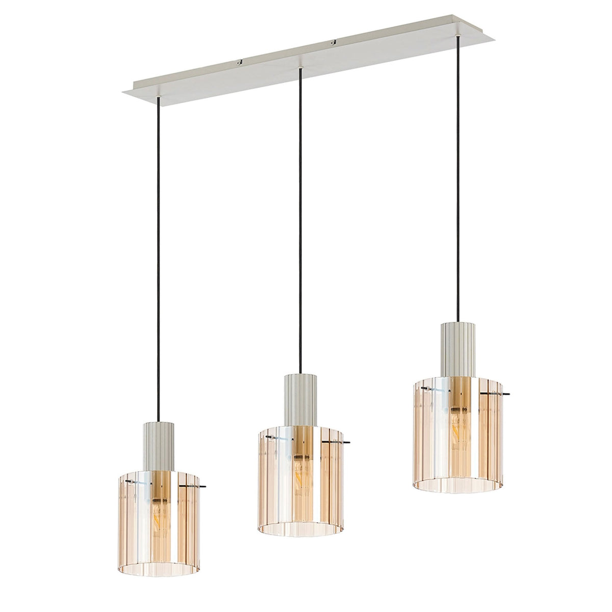 Belstone Wide Ribbed Triple Drop Linear Pendant in Beige Stone with Amber Glass