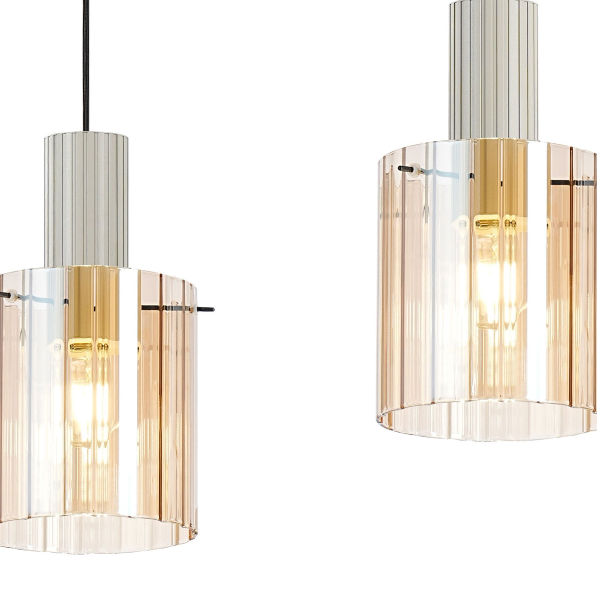 Belstone Wide Ribbed Triple Drop Linear Pendant in Beige Stone with Amber Glass