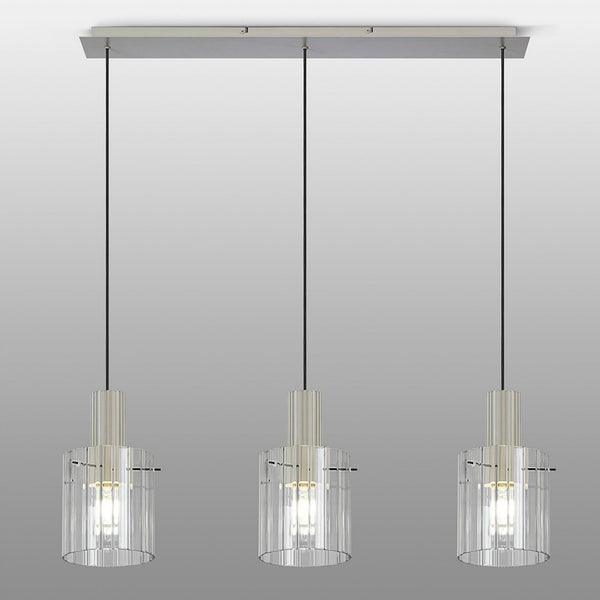 Belstone Wide Ribbed Triple Drop Linear Pendant in Beige Stone with Clear Glass