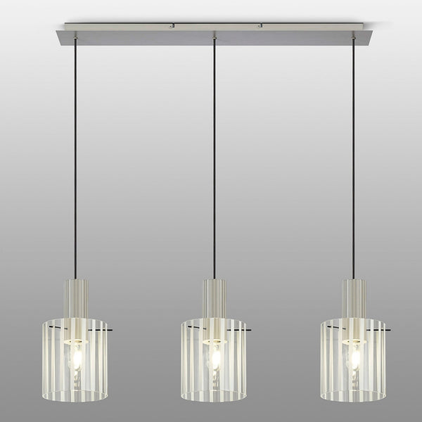 Belstone Wide Ribbed Triple Drop Linear Pendant in Beige Stone with Frosted & Clear Glass