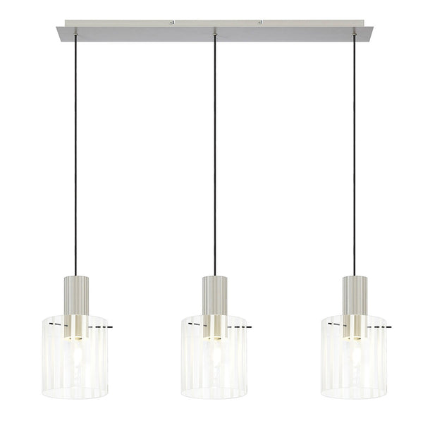 Belstone Wide Ribbed Triple Drop Linear Pendant in Beige Stone with Frosted & Clear Glass