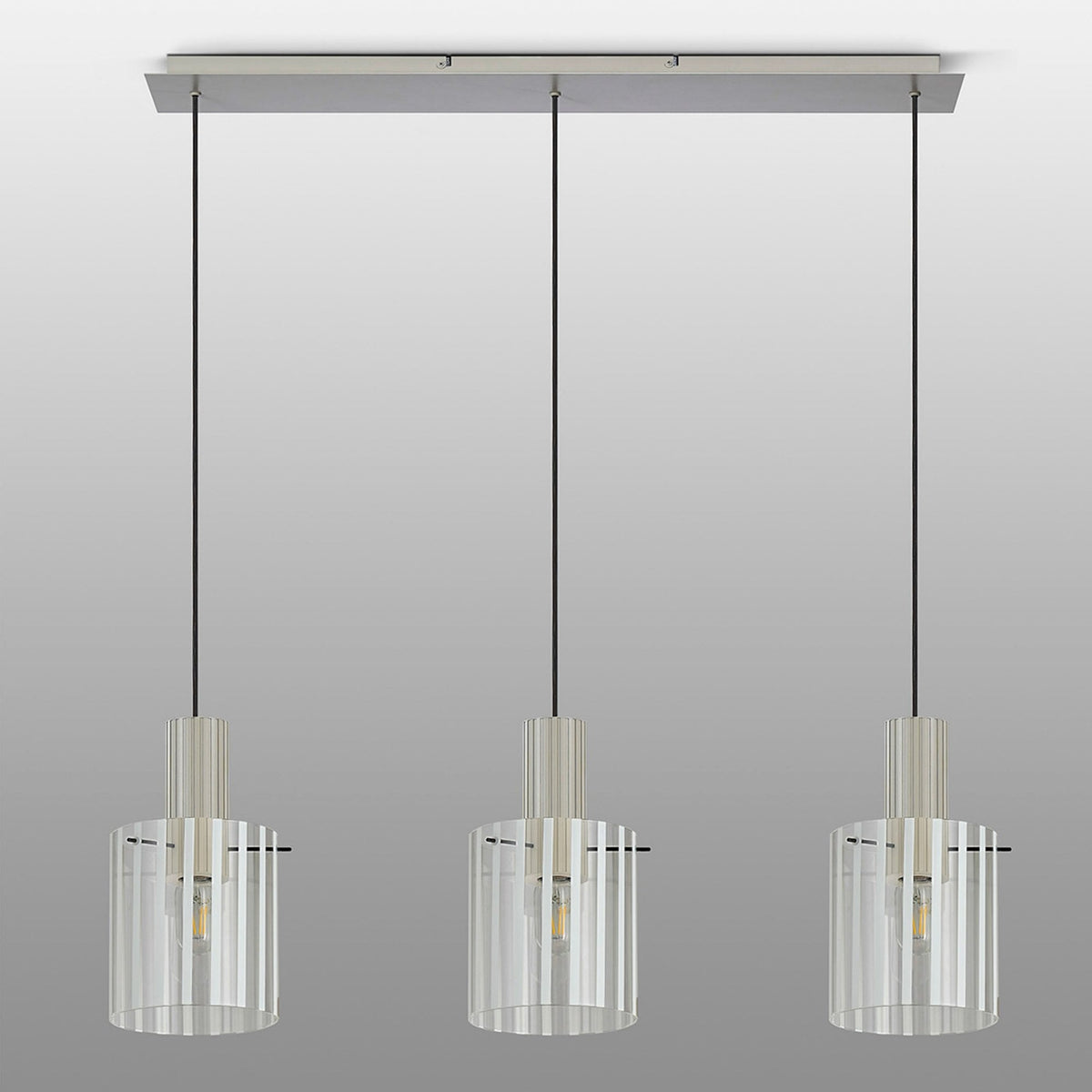 Belstone Wide Ribbed Triple Drop Linear Pendant in Beige Stone with Frosted & Clear Glass
