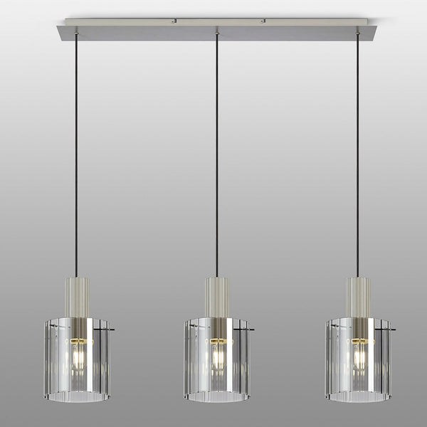 Belstone Wide Ribbed Triple Drop Linear Pendant in Beige Stone with Smoke Glass
