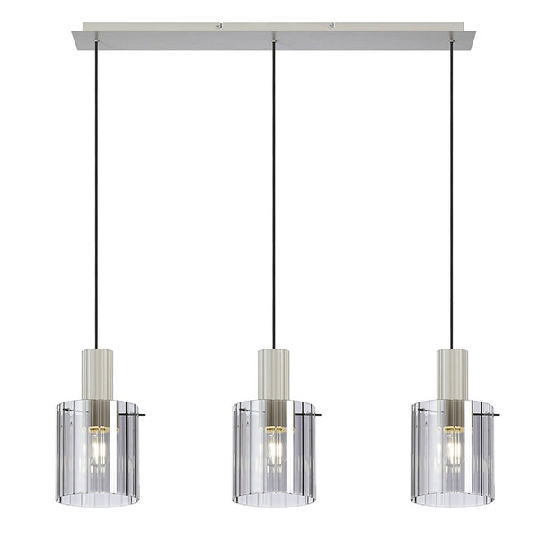 Belstone Wide Ribbed Triple Drop Linear Pendant in Beige Stone with Smoke Glass