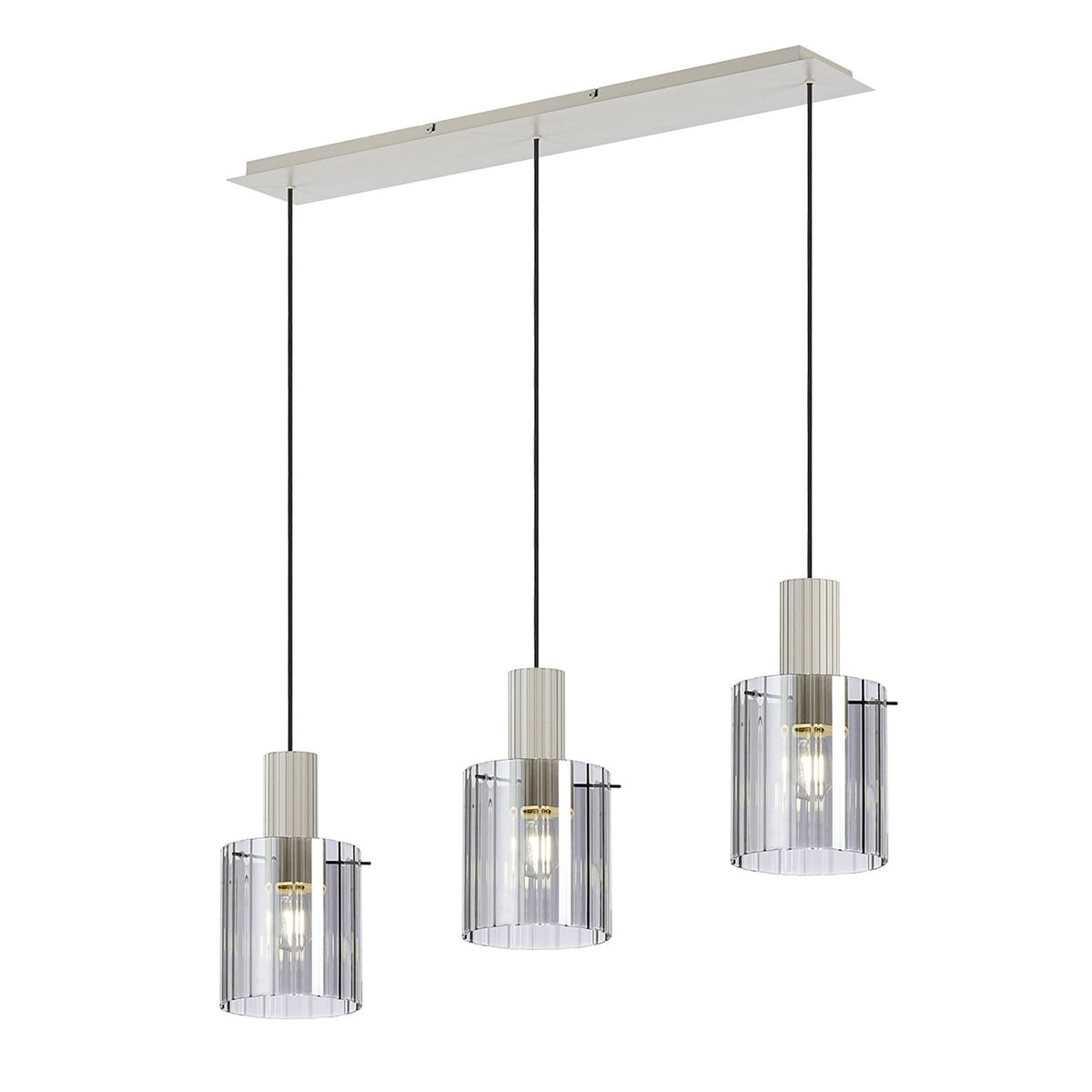 Belstone Wide Ribbed Triple Drop Linear Pendant in Beige Stone with Smoke Glass
