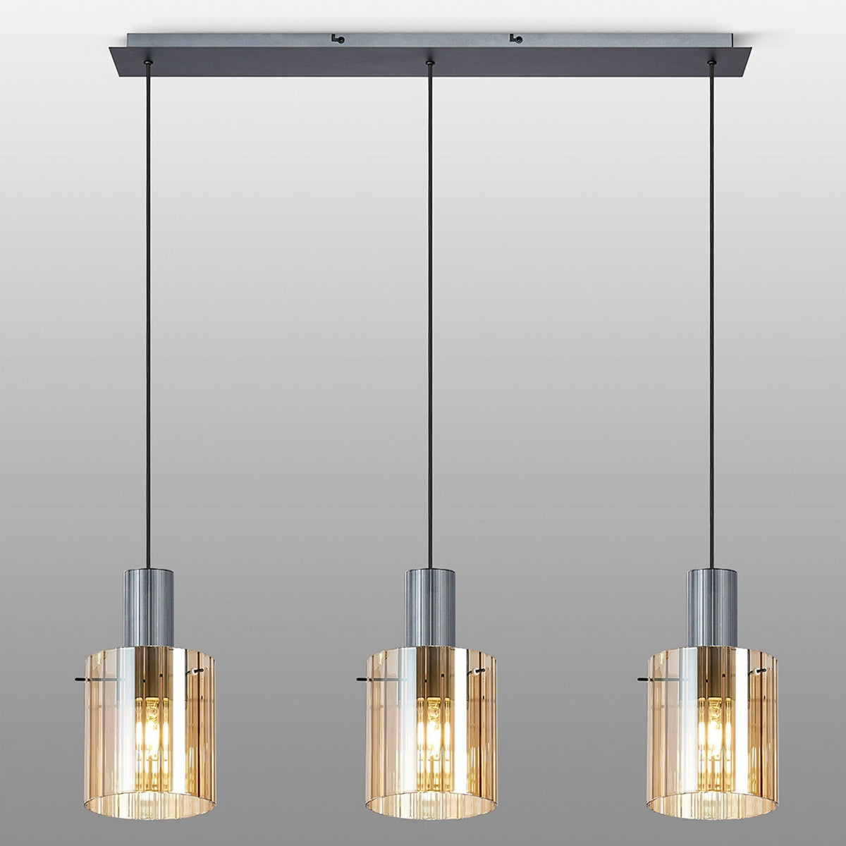 Belstone Wide Ribbed Triple Drop Linear Pendant in Dark Grey with Amber Glass