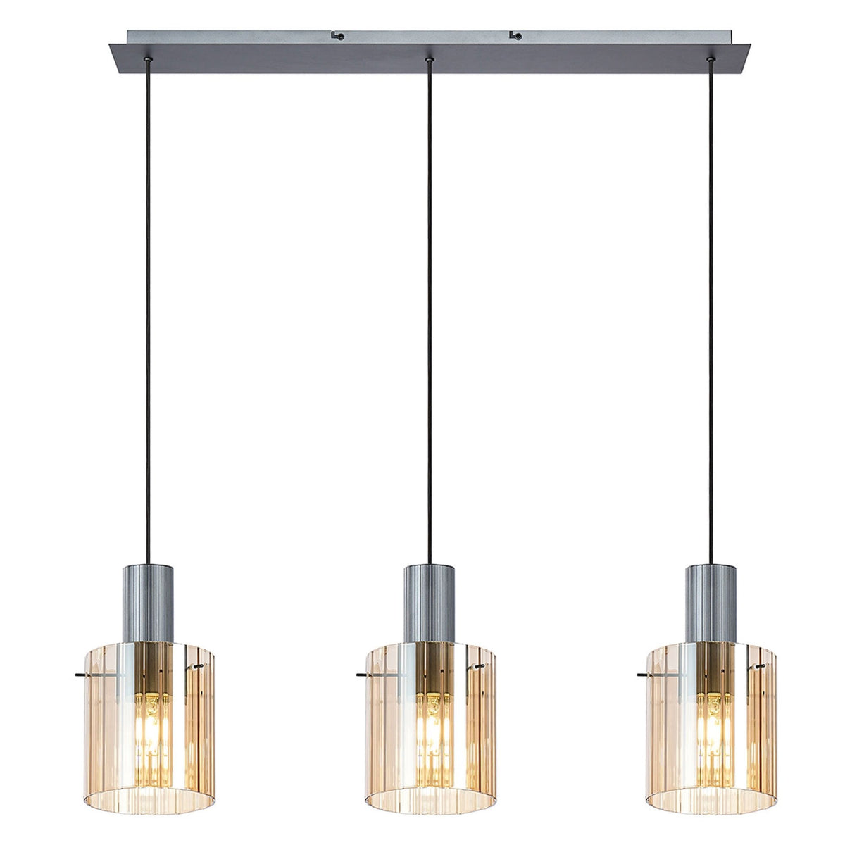 Belstone Wide Ribbed Triple Drop Linear Pendant in Dark Grey with Amber Glass