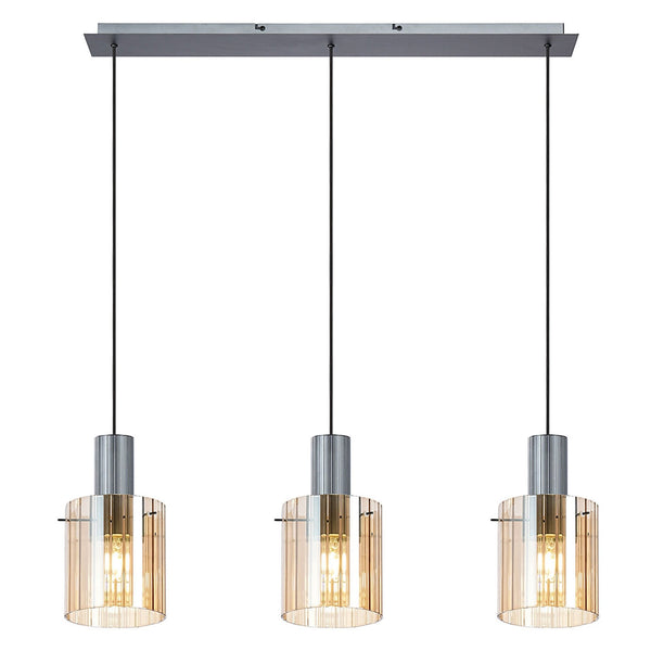 Belstone Wide Ribbed Triple Drop Linear Pendant in Dark Grey with Amber Glass