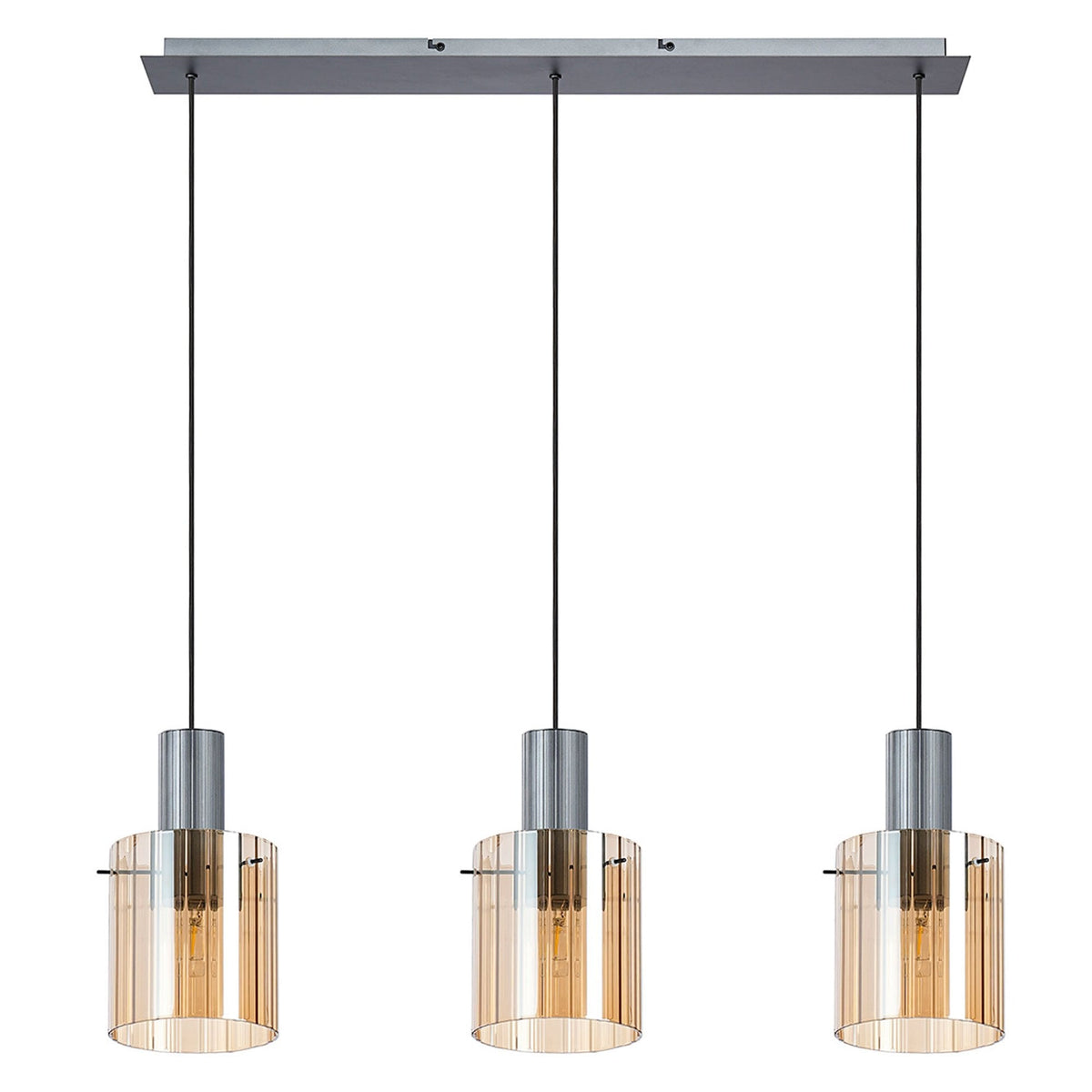 Belstone Wide Ribbed Triple Drop Linear Pendant in Dark Grey with Amber Glass