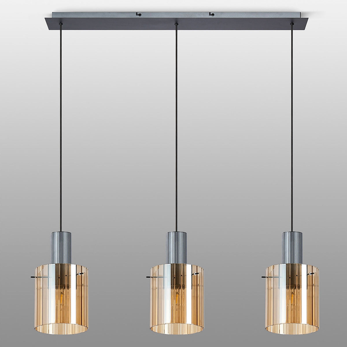 Belstone Wide Ribbed Triple Drop Linear Pendant in Dark Grey with Amber Glass