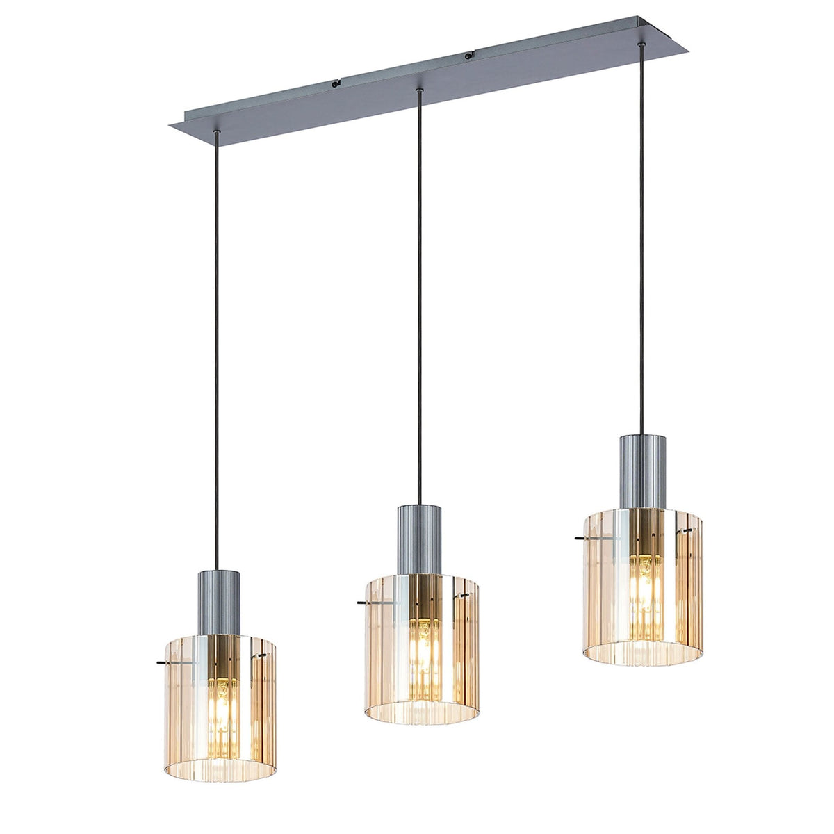 Belstone Wide Ribbed Triple Drop Linear Pendant in Dark Grey with Amber Glass