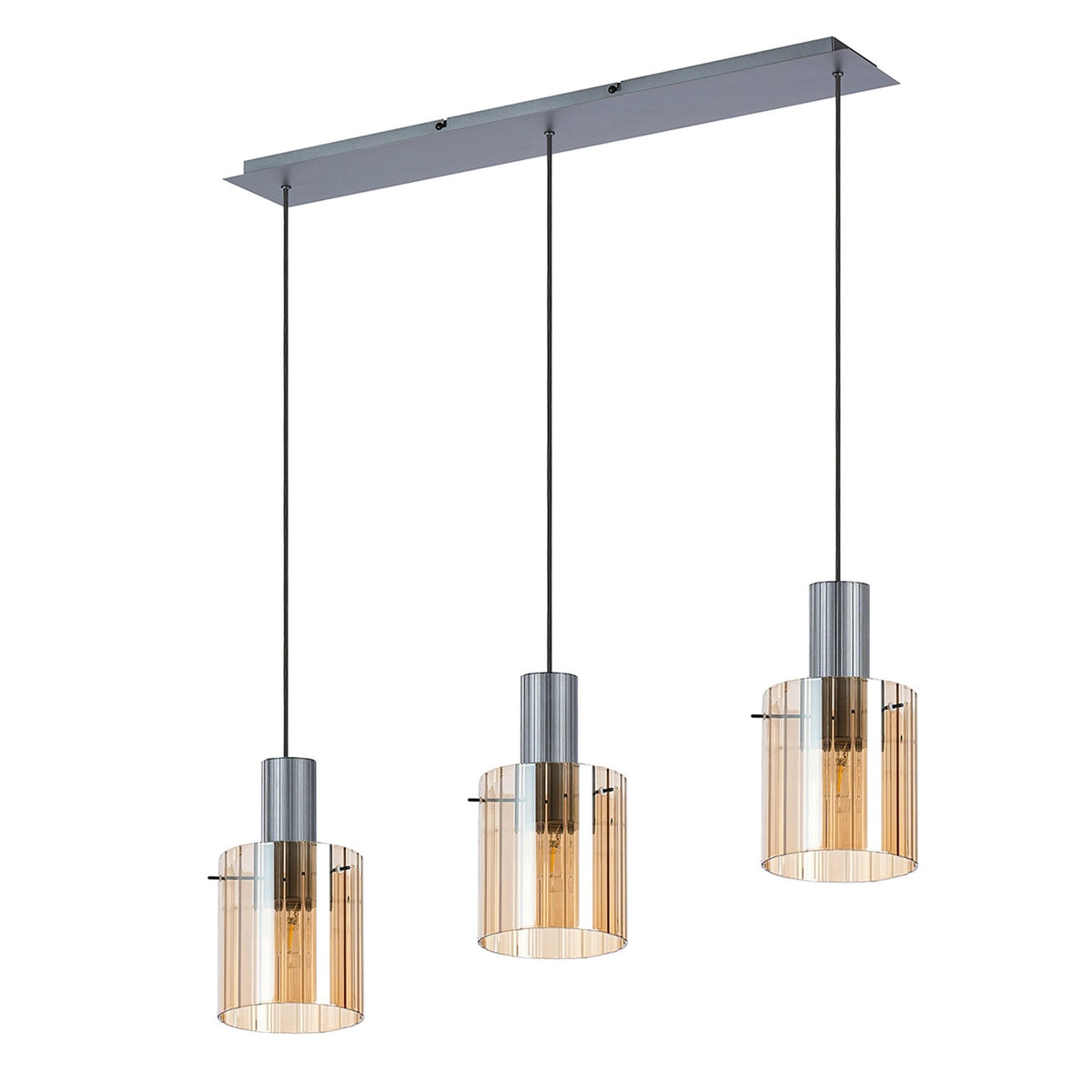 Belstone Wide Ribbed Triple Drop Linear Pendant in Dark Grey with Amber Glass
