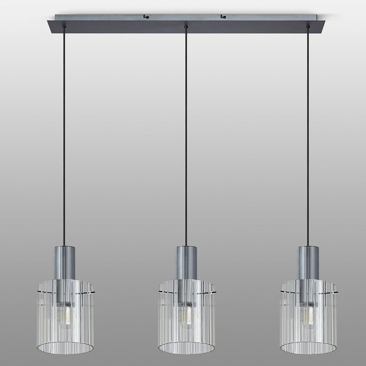 Belstone Wide Ribbed Triple Drop Linear Pendant in Dark Grey with Clear Glass