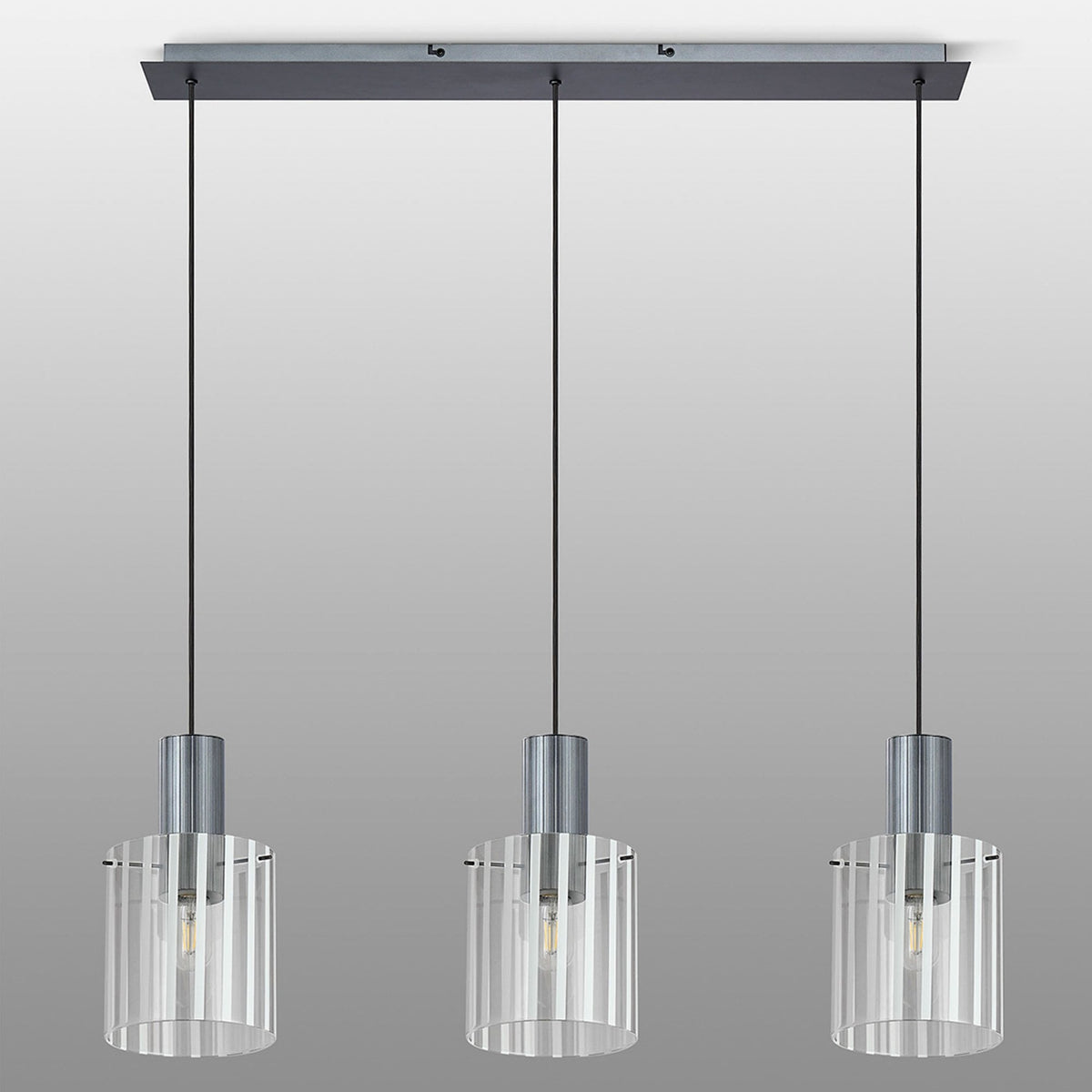 Belstone Wide Ribbed Triple Drop Linear Pendant in Dark Grey with Frosted & Clear Glass