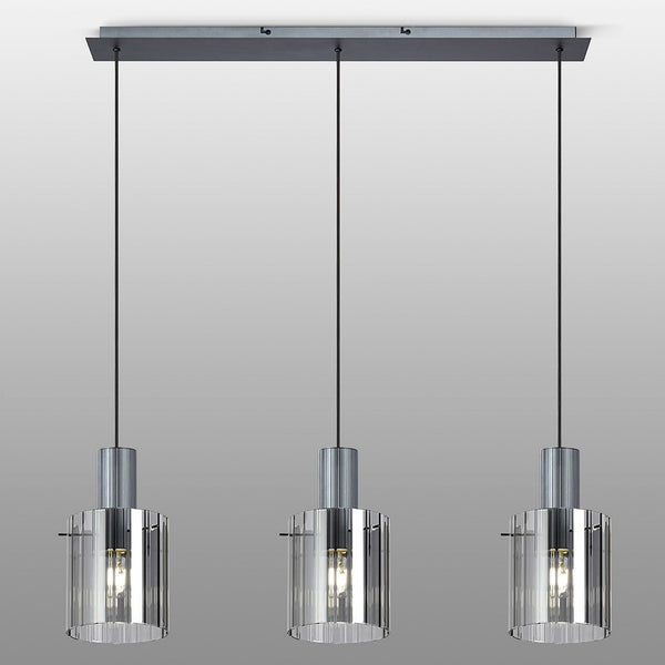 Belstone Wide Ribbed Triple Drop Linear Pendant in Dark Grey with Smoke Glass