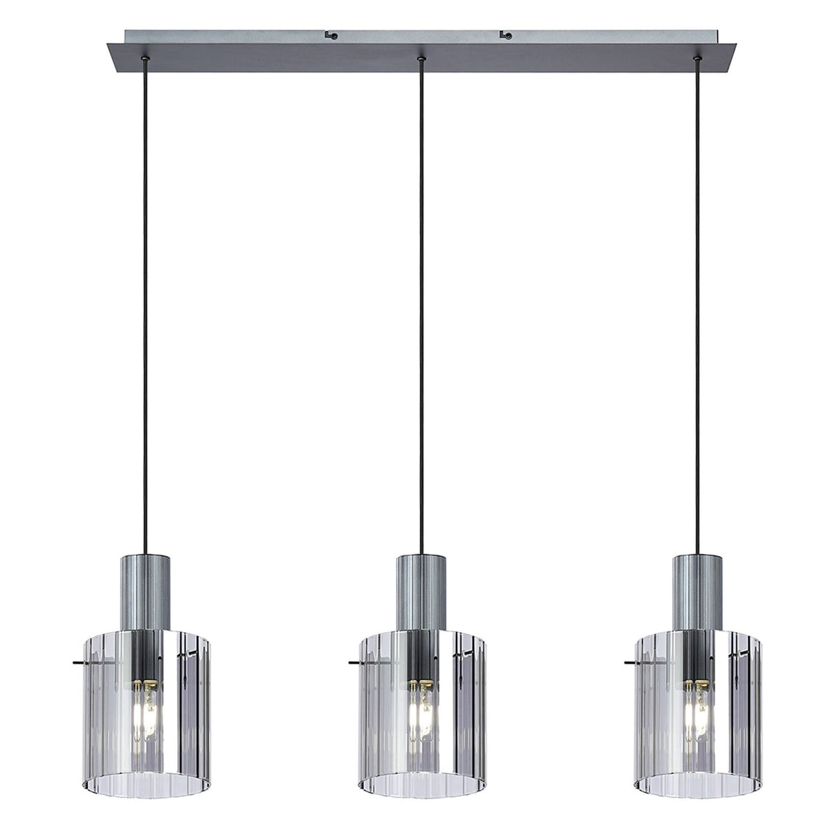 Three modern pendant lights with clear ribbed shades and brushed silver tops.