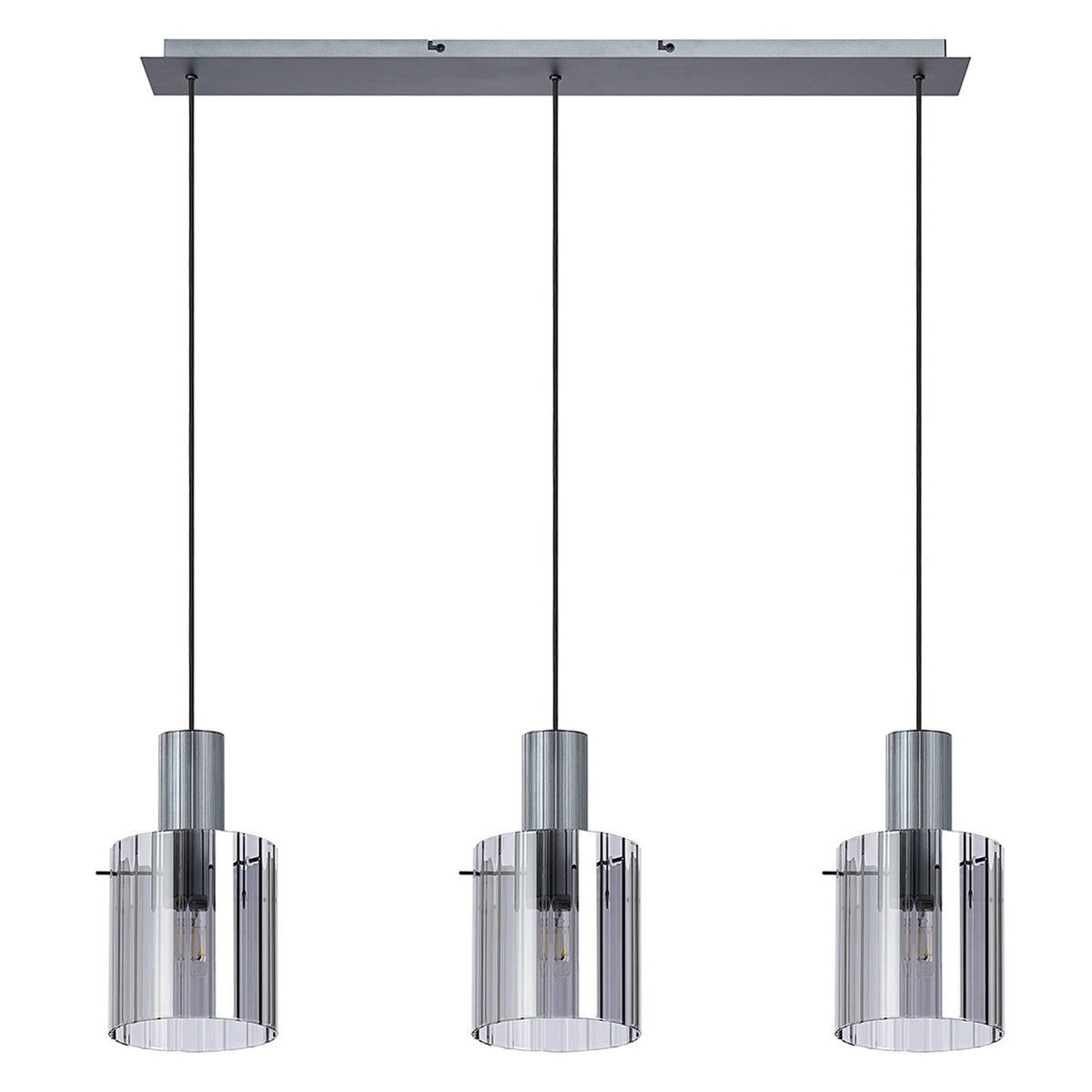 Set of three contemporary pendant lights with clear ribbed glass, perfect for kitchen islands.