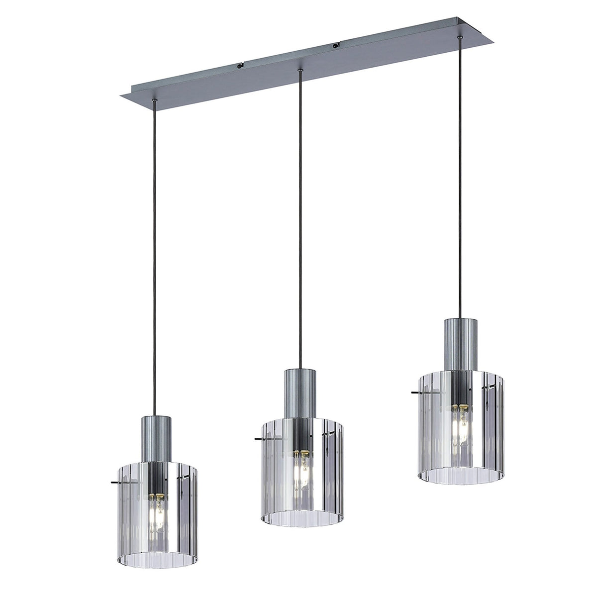 Three stylish pendant lights with ribbed glass shades, ideal for modern interiors.