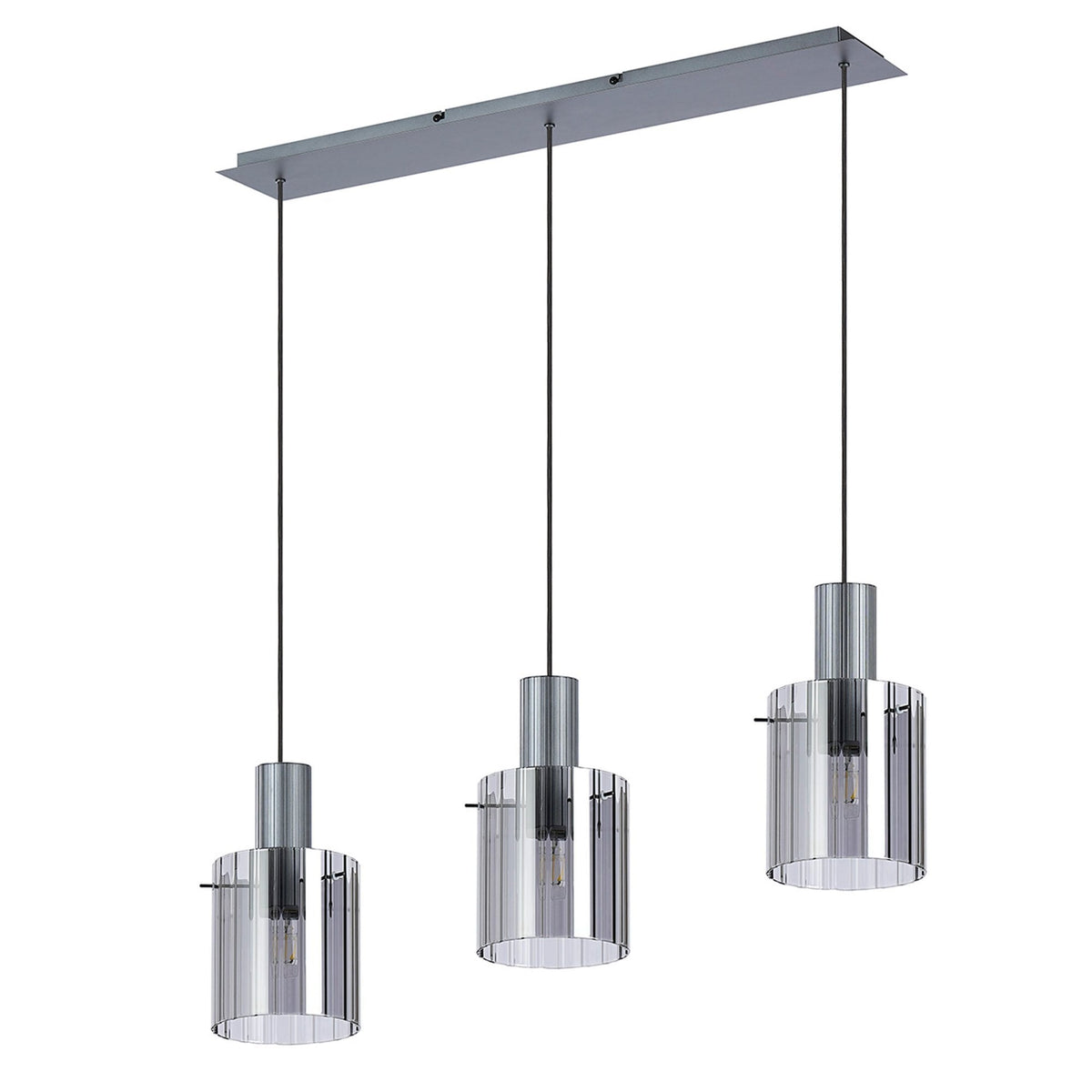 Contemporary three-light pendant fixture with clear ribbed glass shades and a chrome bar.