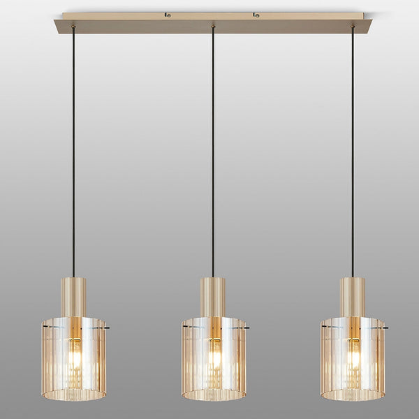Belstone Wide Ribbed Triple Drop Linear Pendant in Light Gold with Amber Glass