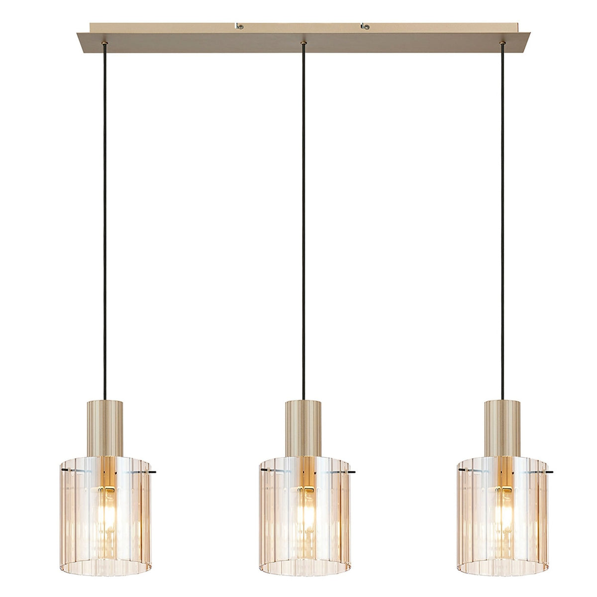 Belstone Wide Ribbed Triple Drop Linear Pendant in Light Gold with Amber Glass