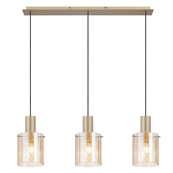 Belstone Wide Ribbed Triple Drop Linear Pendant in Light Gold with Amber Glass