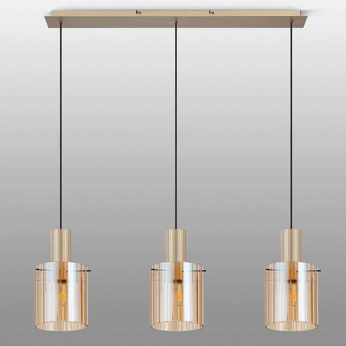 Belstone Wide Ribbed Triple Drop Linear Pendant in Light Gold with Amber Glass